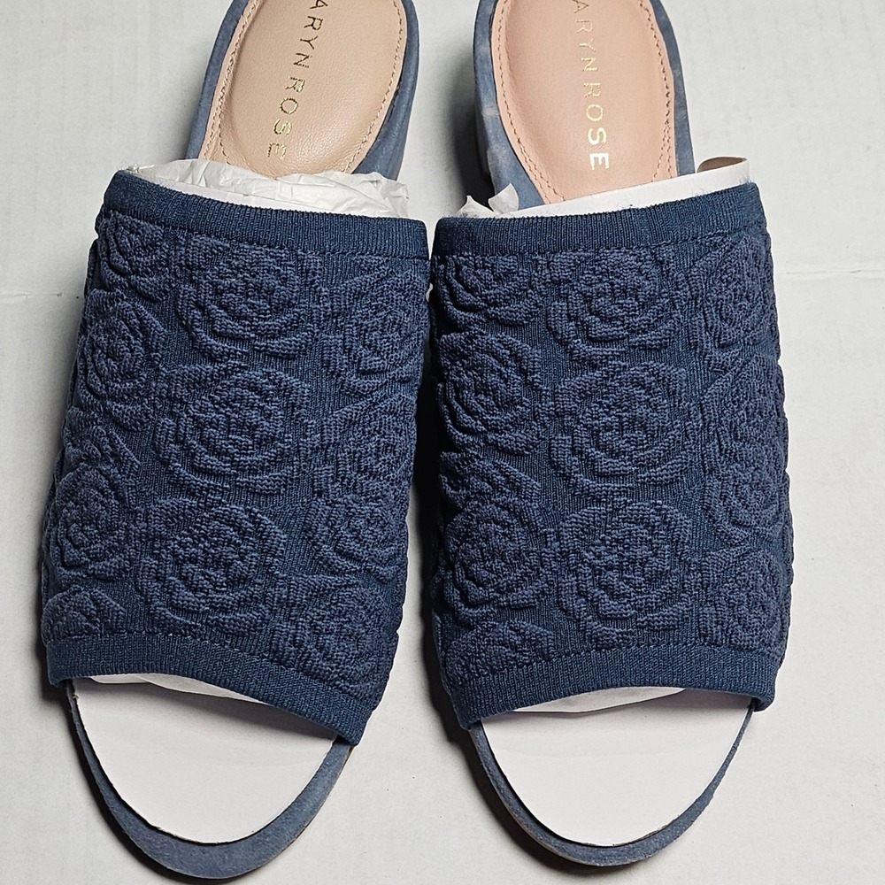 Taryn Rose Nancy Knit Denim Blue Rose Floral Jacquard Slide Mules 5.5M 34TR0335